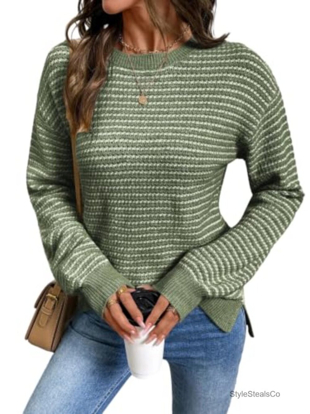 Women's Long Sleeve Crewneck Striped Side Split Pullover Sweater